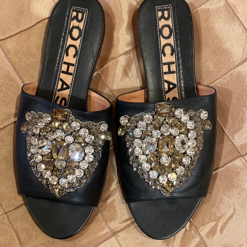 ROCHAS fabulous crystal embellished black leather slides, 37.5